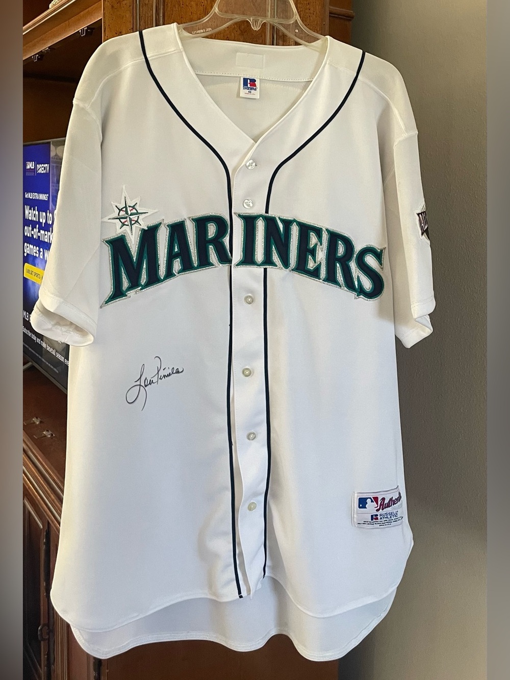 Russell Athletic White Mariners Button Baseball Jersey with Teal & Navy Trim